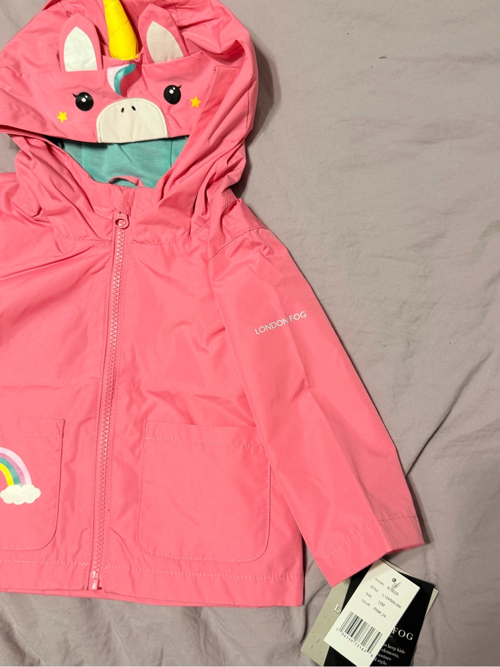 Baby Girls London Fog Pink Unicorn Hooded Rain Jacket - Picture 3 of 3